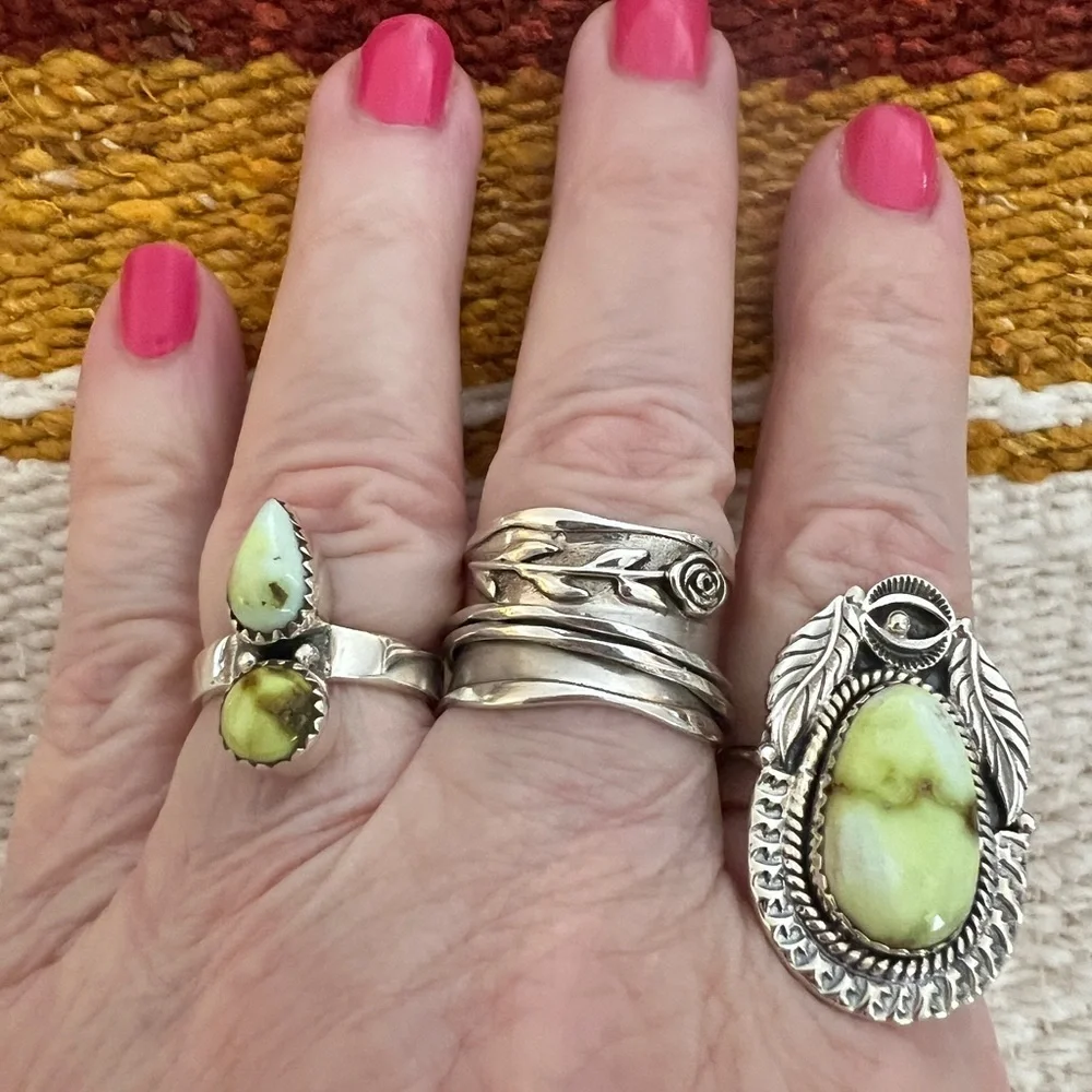 ❤️ Palomino Variscite 925 Navajo Decorative Silverwork Ring 11.2g Adjustable Sz - Picture 3 of 13